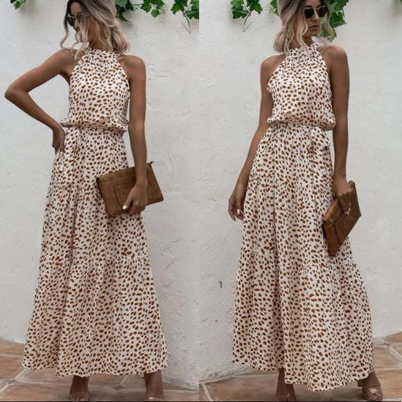 Boho cream brown halter dot belted maxi dress - Picture 1 of 8
